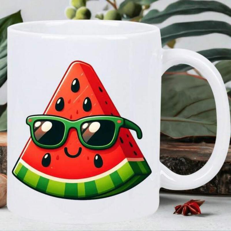 Tailorly White Ceramic 11 oz Mug - Vibrant Cartoon Fruit Wearing Stylish Sunglasses Smiling On A Summer Day Watermelon