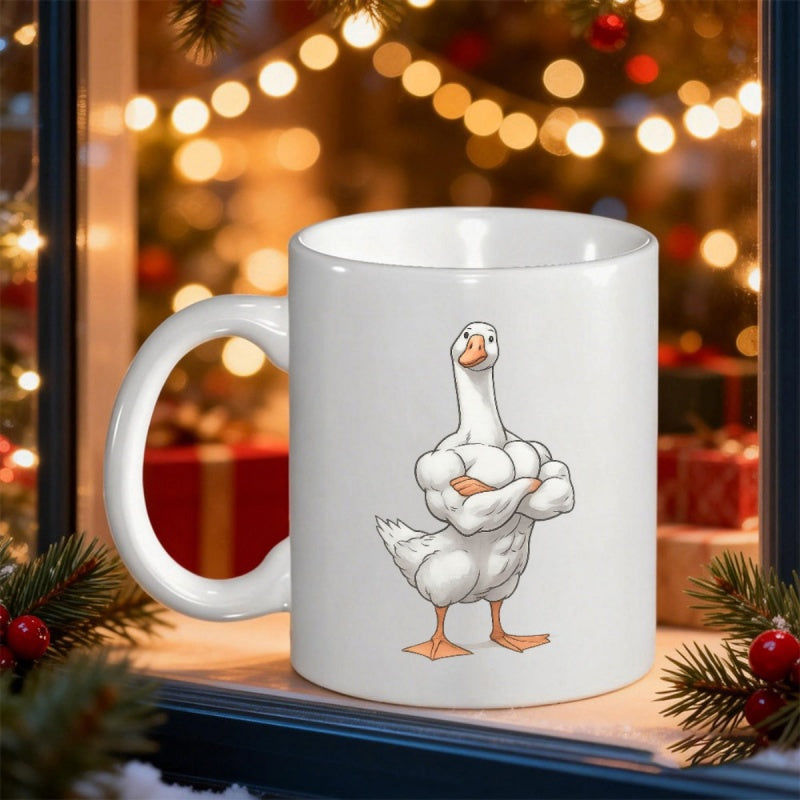 Tailorly White Ceramic 11 oz Mug - Muscular White Bird With Strong Arms Crossed In Powerful Pose Standing Goose
