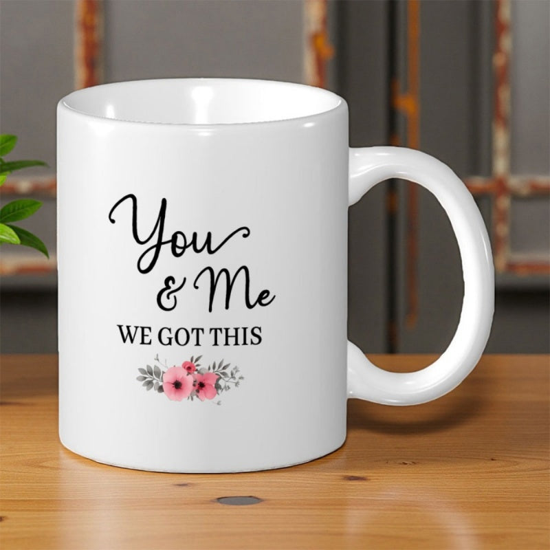 Tailorly White Ceramic 11 oz Mug - You Me We Got This Small Pink Flowers Blooming With Delicate Green Leaves Arranged In Bouquet Flower