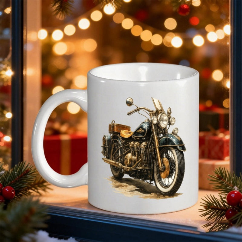 Tailorly White Ceramic 11 oz Mug - Vintage Classic Black Cruiser Parked On Ground With Detailed Chrome Accents Motorcycle