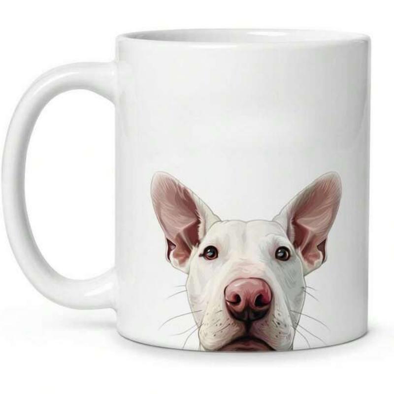 Tailorly White Ceramic 11 oz Mug - Realistic White Dog Portrait Peeking From The Bottom Of Ceramic Bull Terrier