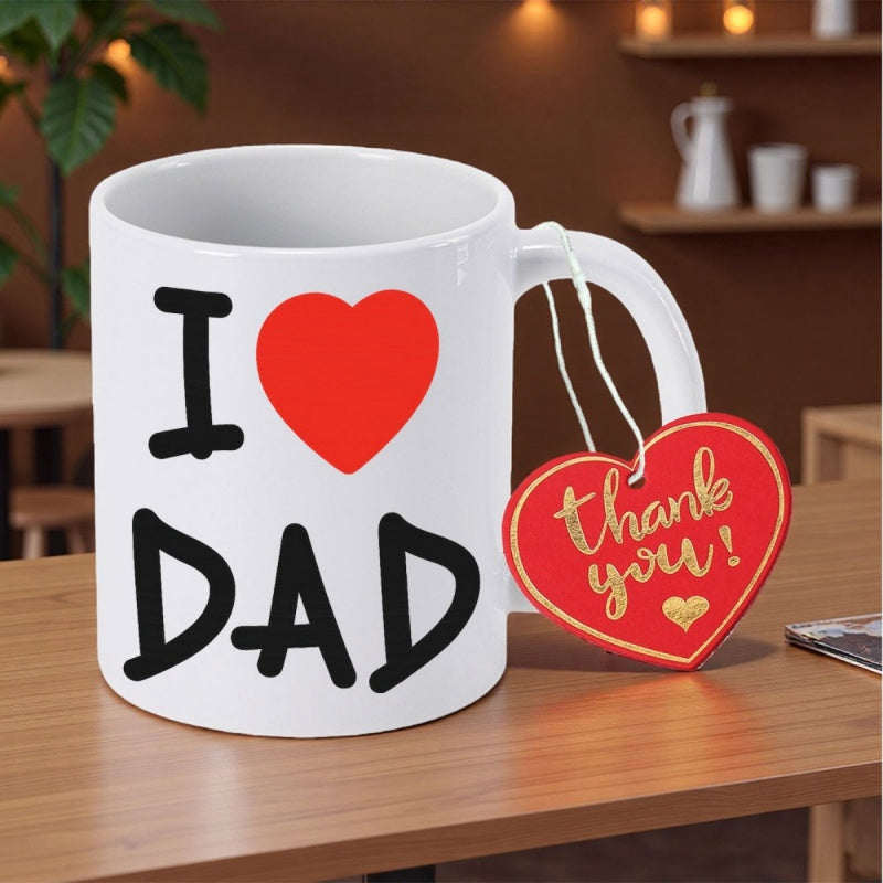 Tailorly White Ceramic 11 oz Mug - I Love Dad Vibrant Red Heart Centered Among Bold Black Artistic Hand Lettering Heart