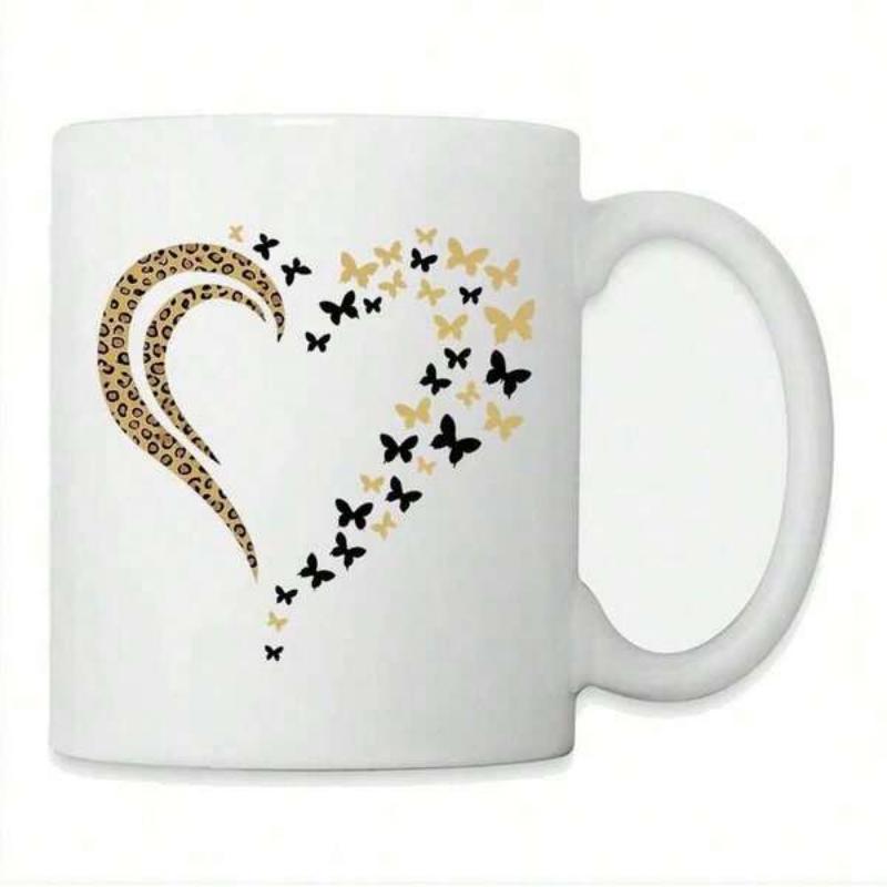 Tailorly White Ceramic 11 oz Mug - Artistic Leopard Print Combined With Delicate Flying Butterflies Forming A Creative Heart