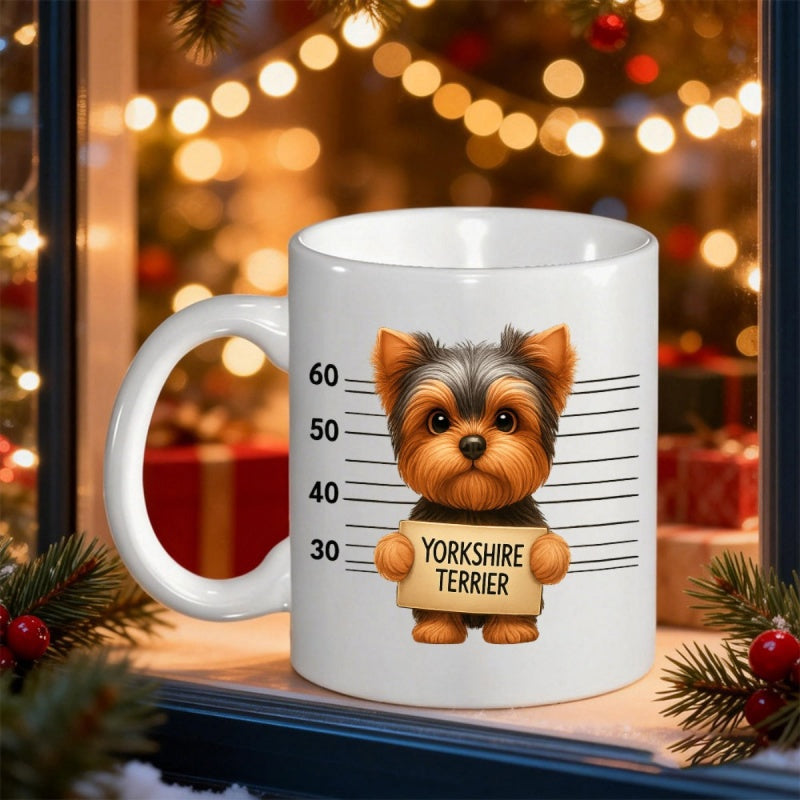 Tailorly White Ceramic 11 oz Mug - Yorkshire Terrier Cute Fluffy Dog Holding Sign In Front Of Mugshot Height Chart Yorkshire Terrier