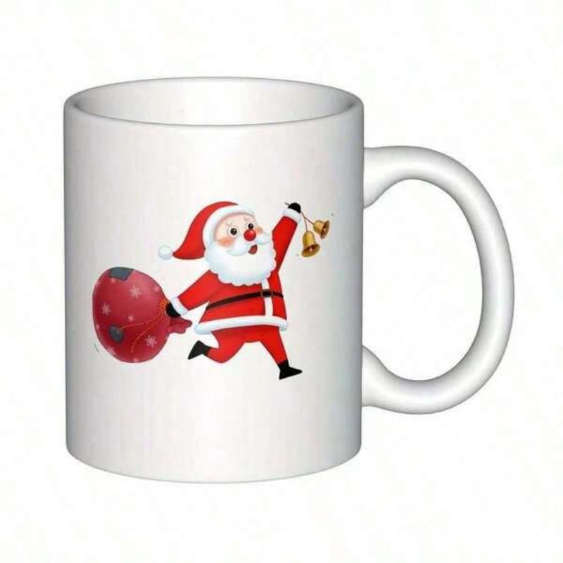 Tailorly White Ceramic 11 oz Mug - Cheerful Traditional Festive Running Figure Carrying Sack And Ringing Bells Santa Claus