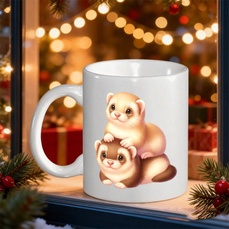 Tailorly White Ceramic 11 oz Mug - Two Adorable Playful Cream And Brown Colored Cute Stacked Ferret