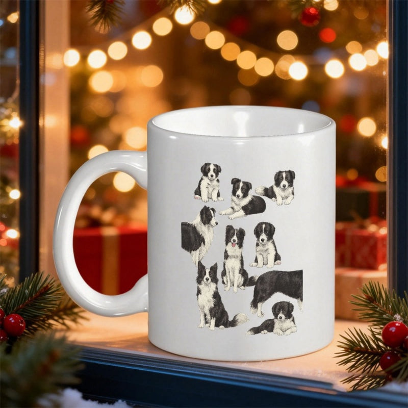 Tailorly White Ceramic 11 oz Mug - Various Poses Of Loyal Border Collies Illustrated In Realistic Artistic Style Border Collie