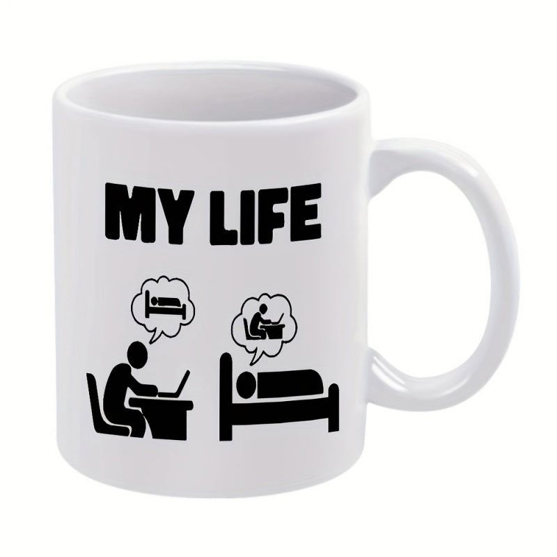 Tailorly White Ceramic 11 oz Mug - My Life Minimalist Icons Depicting Daily Work And Sleep Cycle Routine Mug