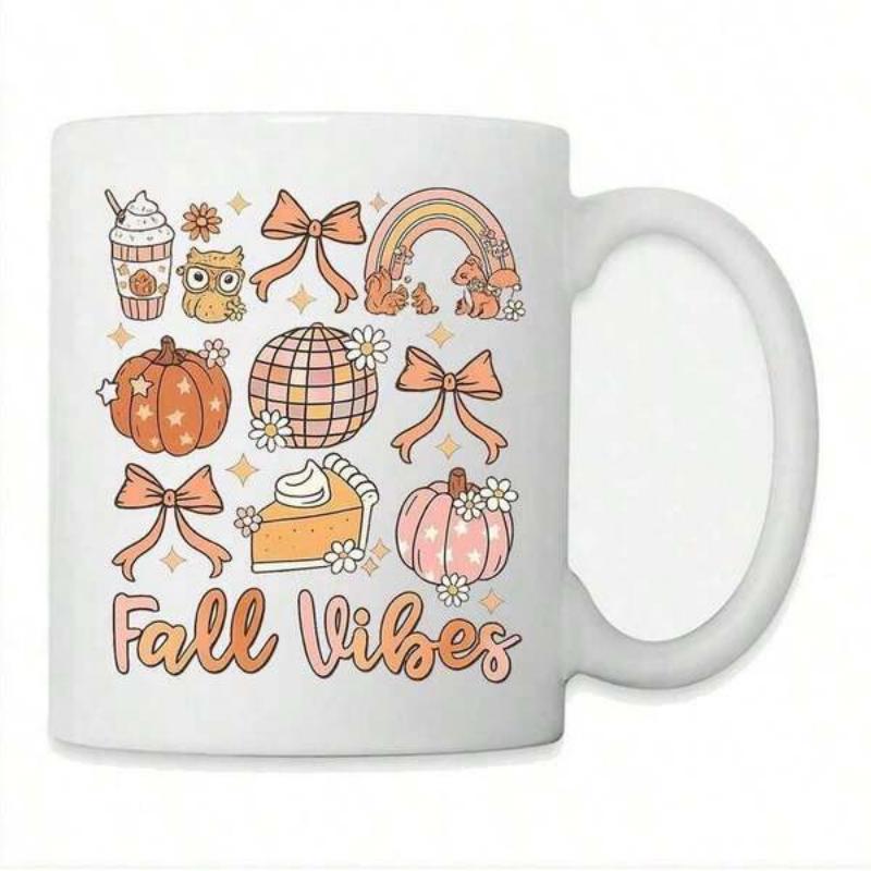 Tailorly White Ceramic 11 oz Mug - Fall Vibes Decorative Autumn Icons With Pumpkins And Bows Pattern