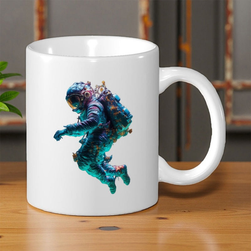 Tailorly White Ceramic 11 oz Mug - Glowing Blue Cosmic Colors Floating Through Deep Space And Void Astronaut