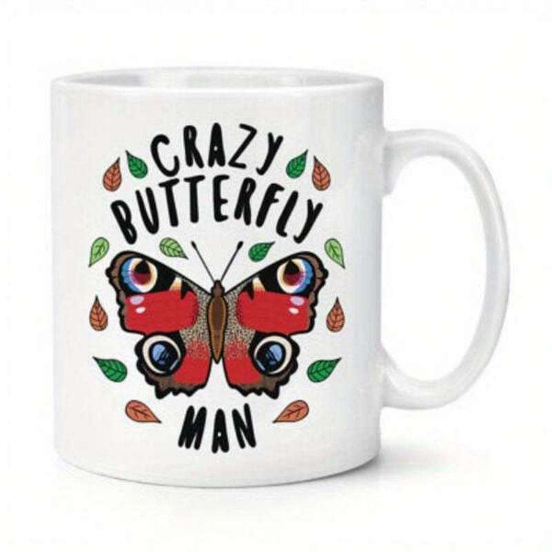 Tailorly White Ceramic 11 oz Mug - Crazy Butterfly Man Artistic Wing Patterns Surrounded By Falling Autumn Leaves And Green Foliage Butterfly