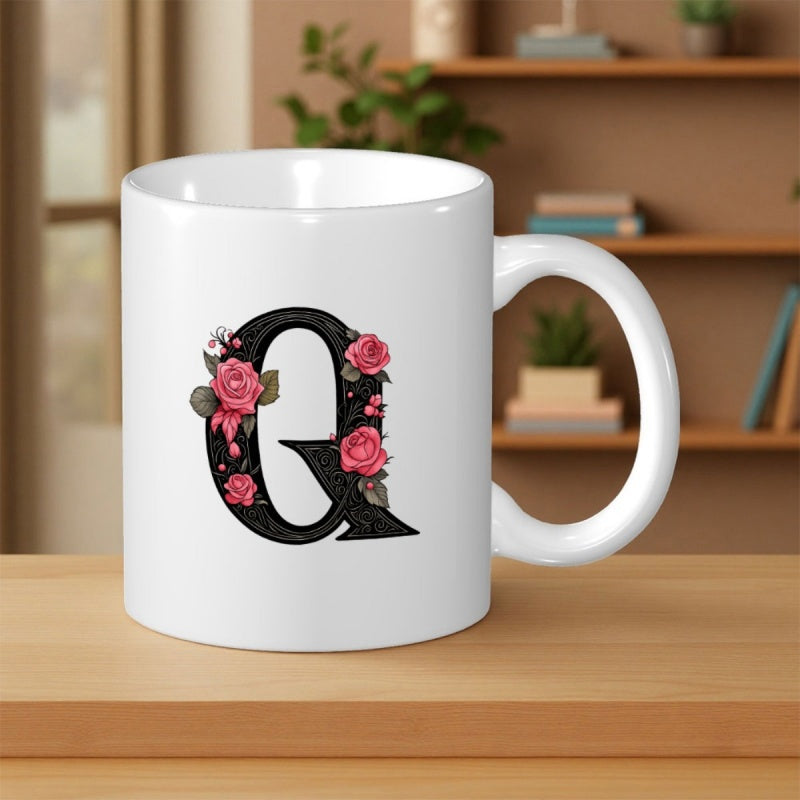Tailorly White Ceramic 11 oz Mug - Q Elegant Floral Design With Pink Roses Adorned On Large Black Capital Letter