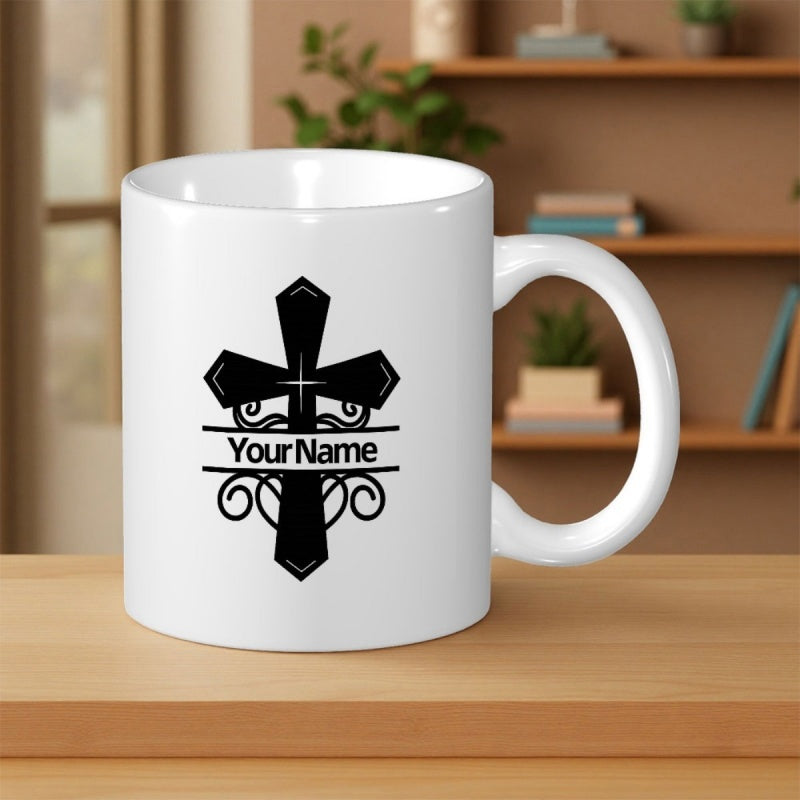 Tailorly White Ceramic 11 oz Mug - Your Name Elegant Black Decorative Silhouette With Filigree Swirls And Monogram Design Cross