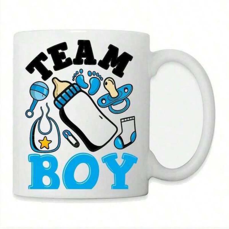 Tailorly White Ceramic 11 oz Mug - Team Boy Adorable Blue Baby Accessories Featuring Small Rattle Footprints And Bib Bottle