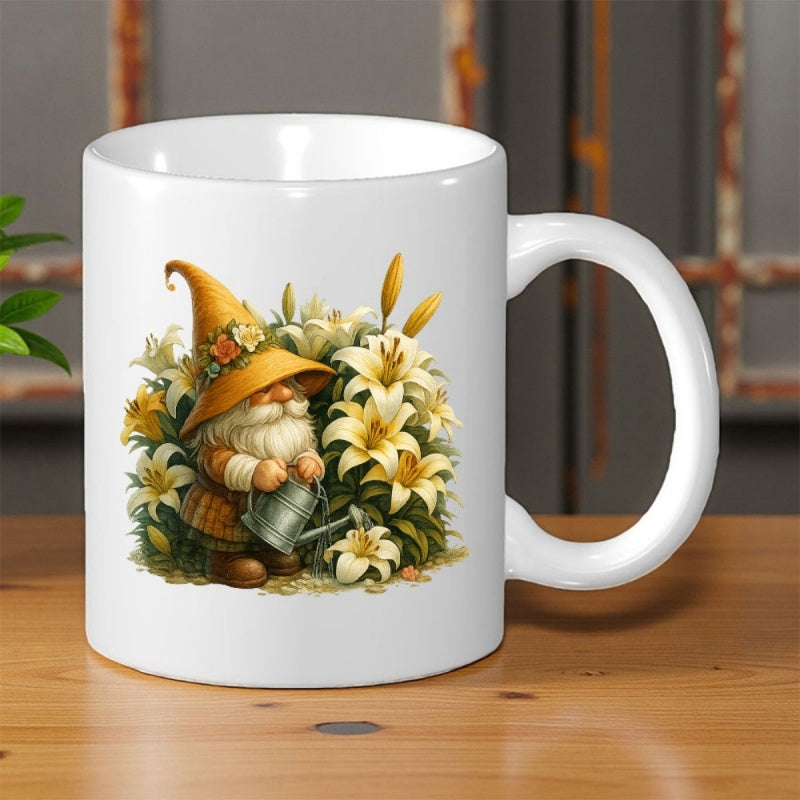 Tailorly White Ceramic 11 oz Mug - Charming Little Fellow Watering Vibrant Golden Lilies In Garden Gnome