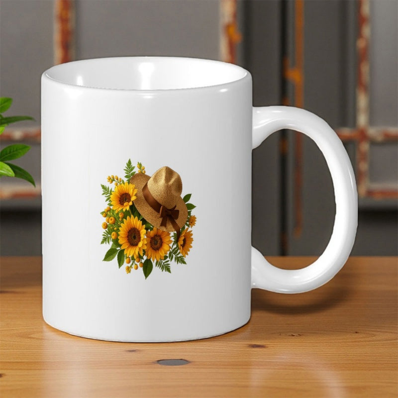 Tailorly White Ceramic 11 oz Mug - Rustic Summer Sunflowers Blooming Around A Classic Vintage Straw Countryside Hat