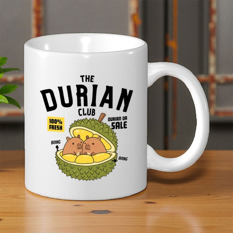 Tailorly White Ceramic 11 oz Mug - The Durian Club Fresh Durian On Sale Two Cute Capybaras Nestled Inside A Spiky Green Tropical Fruit Durian