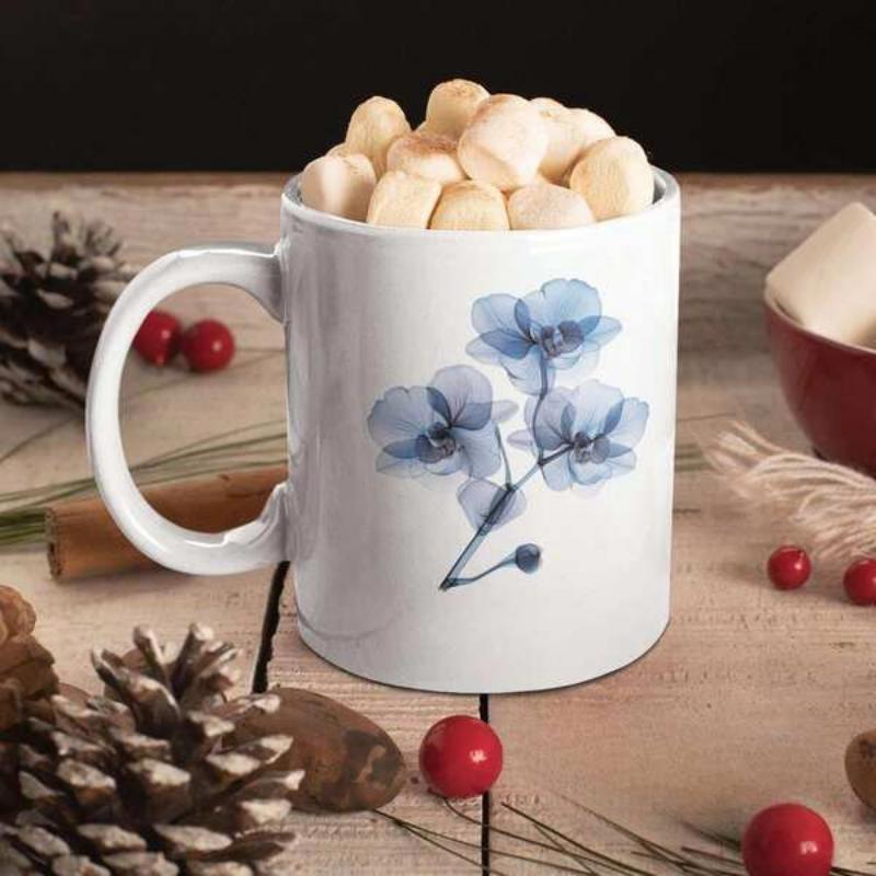Tailorly White Ceramic 11 oz Mug - Elegant Translucent Blue Watercolor Petals Blooming On A Pure White Orchid