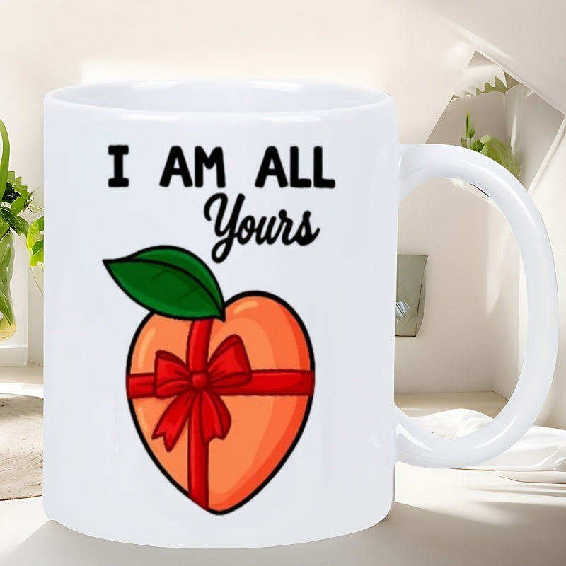 Tailorly White Ceramic 11 oz Mug - I Am All Yours Vibrant Cartoon Style Peach Wrapped In Decorative Red Bow Ribbon Peach