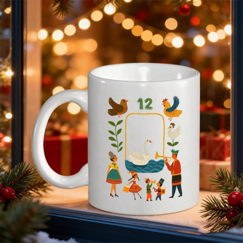 Tailorly White Ceramic 11 oz Mug - 12 Festive Folk Art Illustration Of Christmas Birds And People With A Swimming Swan