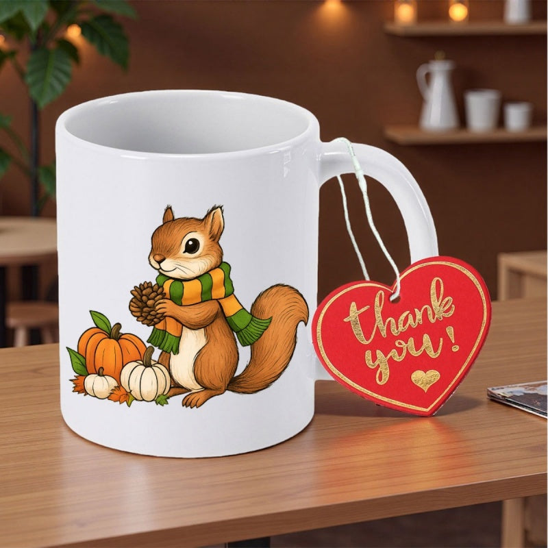 Tailorly White Ceramic 11 oz Mug - Thank You Adorable Cartoon Squirrel Wearing Striped Scarf Standing Beside Autumn Harvest Pumpkins Squirrel