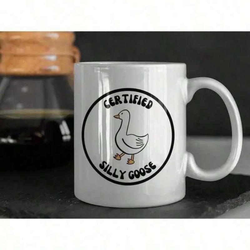 Tailorly White Ceramic 11 oz Mug - Certified Silly Goose Simple Hand Drawn Cartoon Goose Standing Inside Black Circular Outline Goose