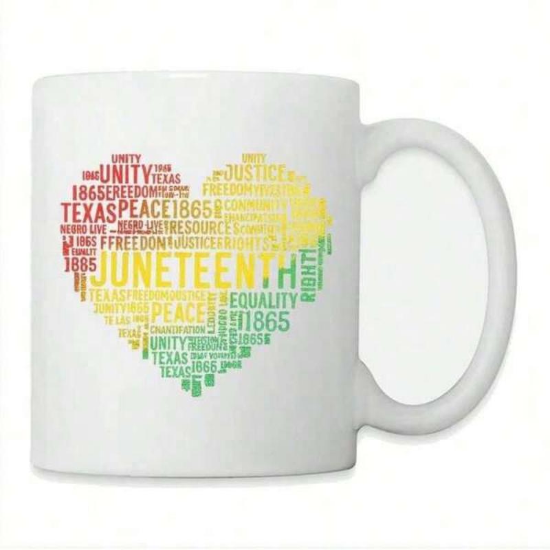 Tailorly White Ceramic 11 oz Mug - Juneteenth Unity Freedom Equality 1865 Heart Shape Made Of Colorful Typography Words Celebrating African American Heritage Heart