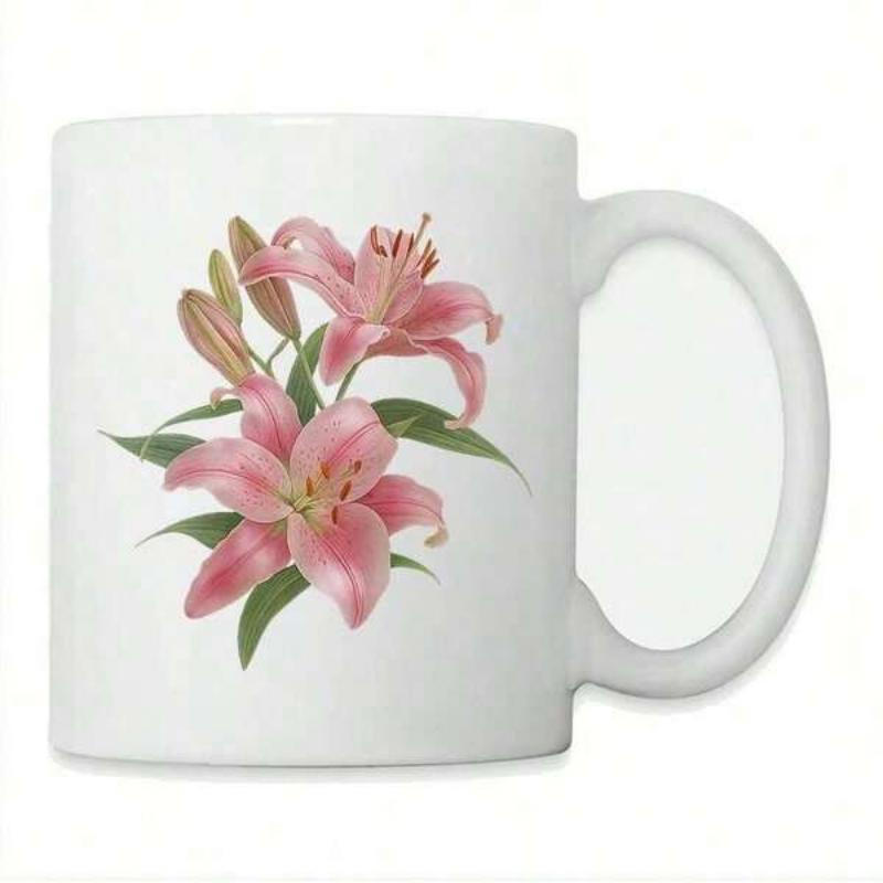 Tailorly White Ceramic 11 oz Mug - Elegant Pink Lily Blooming Among Lush Green Leaves And Buds Lily