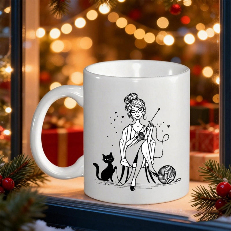 Tailorly White Ceramic 11 oz Mug - Minimalist Black Line Art Sitting Relaxed Knitting Near A Cute Black Cat Woman