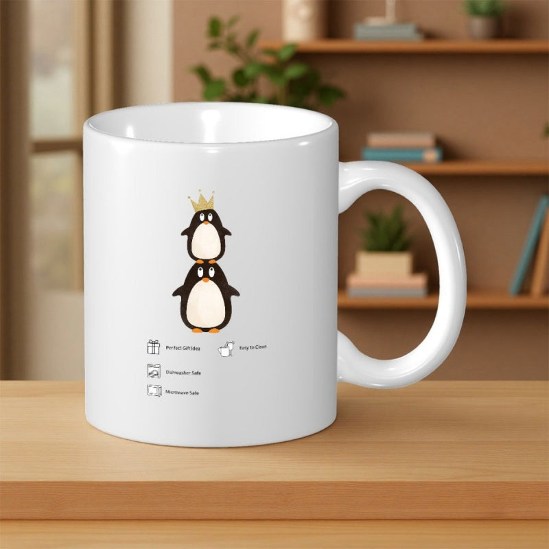Tailorly White Ceramic 11 oz Mug - Hand Wash Microwave Safe Minimalist Two Cute Penguins Wearing A Tiny Golden Crown Penguin