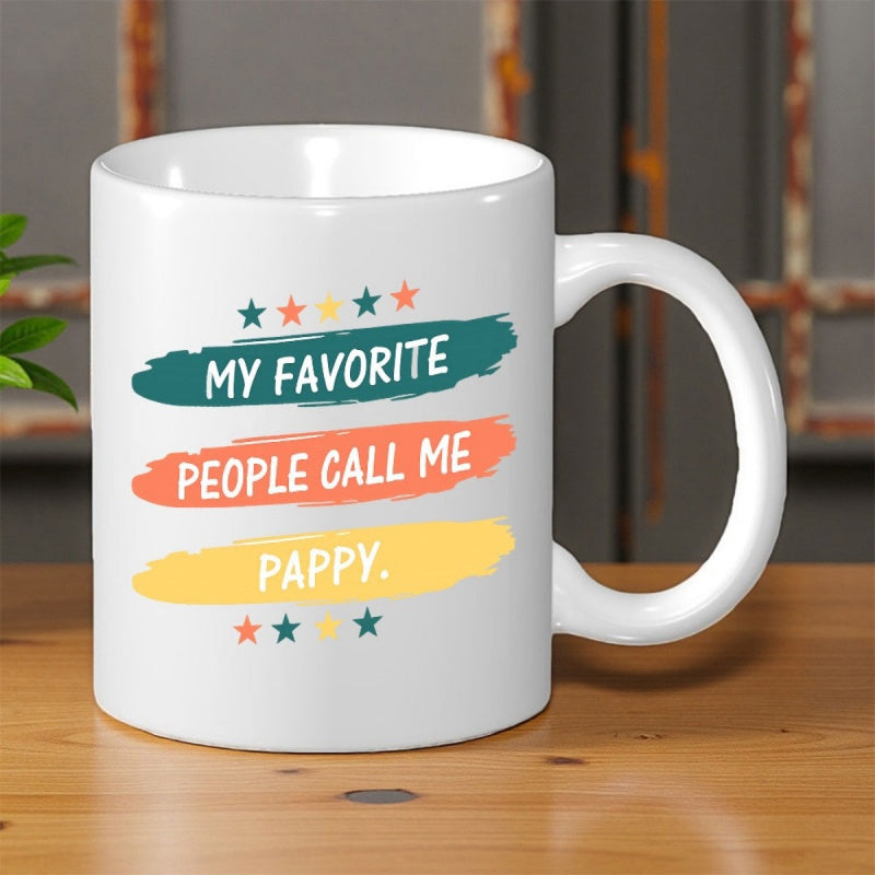 Tailorly White Ceramic 11 oz Mug - My Favorite People Call Me Pappy Vibrant Horizontal Brush Strokes Decorated With Miniature Multi Colored Five Point Stars Mug