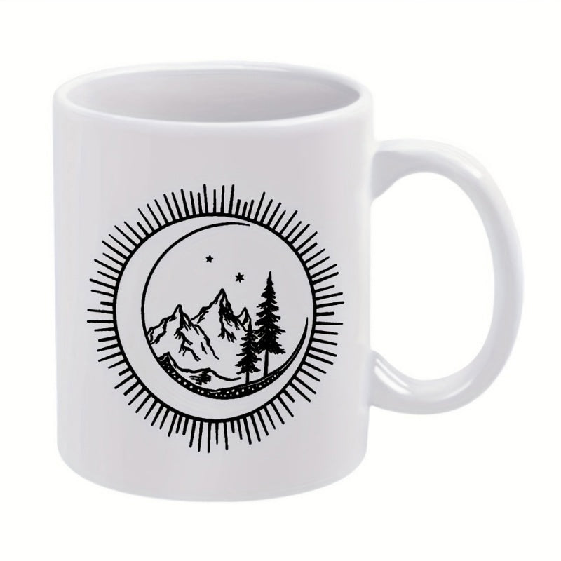 Tailorly White Ceramic 11 oz Mug - Rustic Nature Landscape Within Radiant Crescent Moon Among Forest Pine Mountain