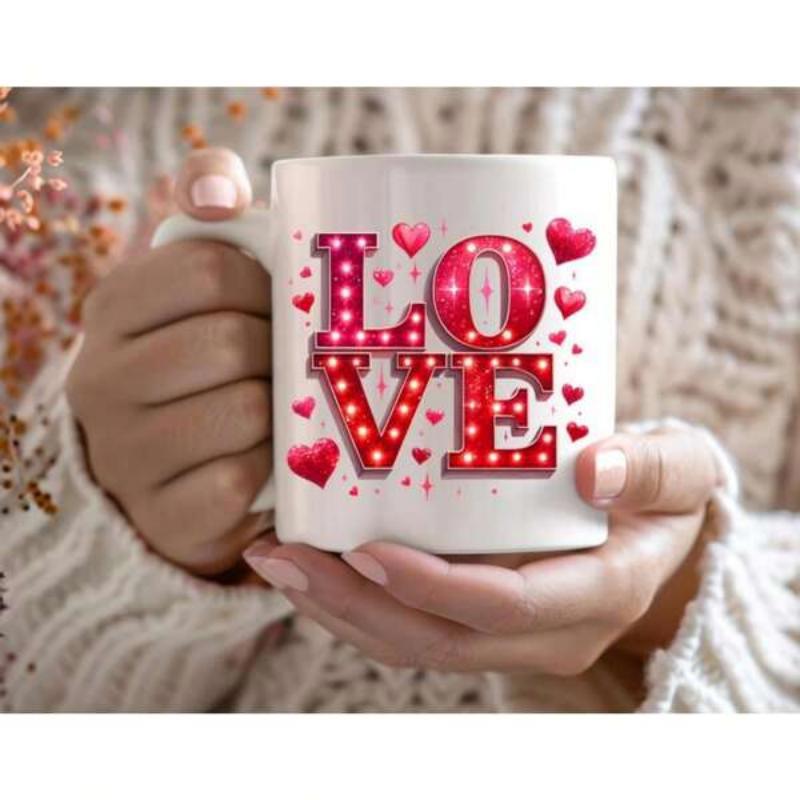 Tailorly White Ceramic 11 oz Mug - Love Vibrant Red Marquee Letters Surrounded By Scattered Pink And Red Romantic Hearts Mug