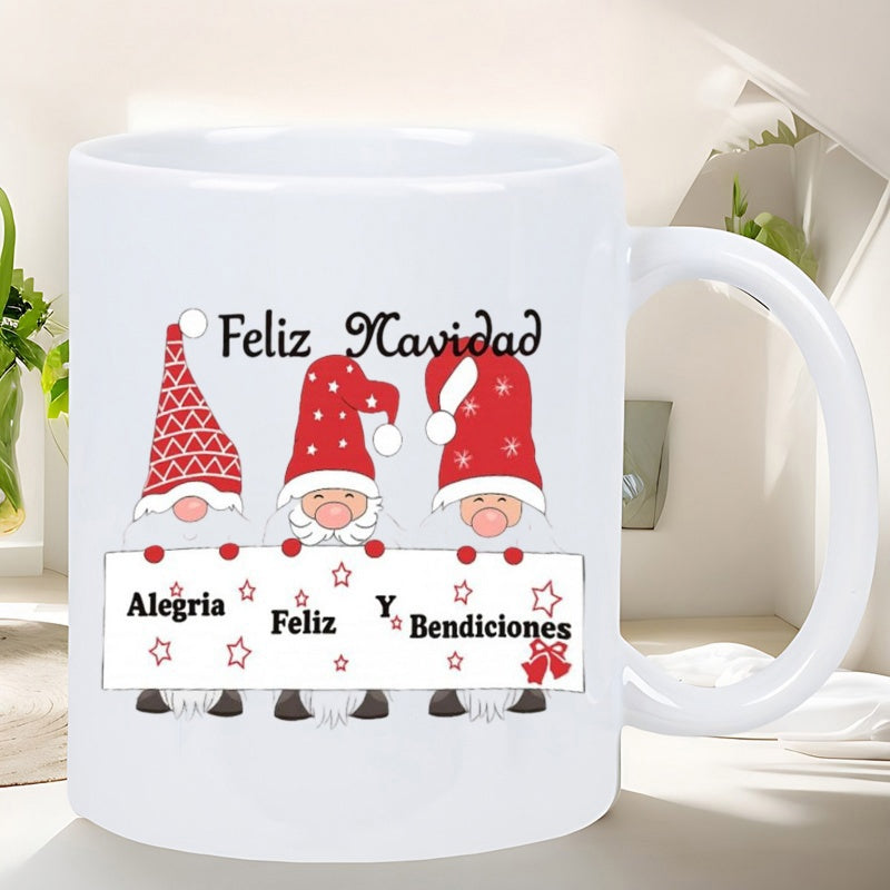 Tailorly White Ceramic 11 oz Mug - Three Whimsical Festive Gnomes Holding A Decorative Holiday Sign With Stars Gnome