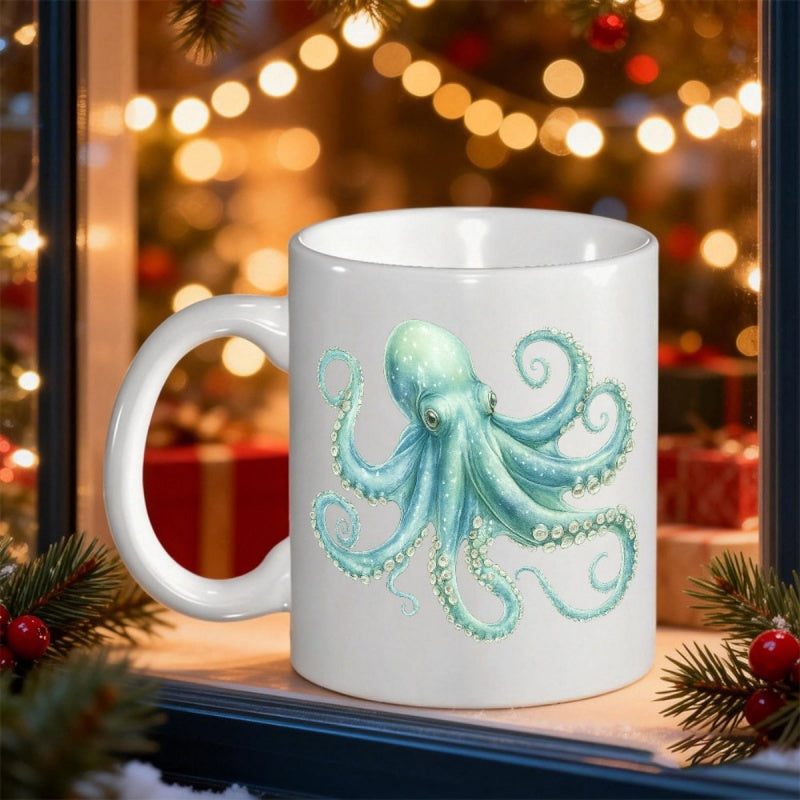 Tailorly White Ceramic 11 oz Mug - Teal Blue Watercolor Sea Creature With Elegant Curling Tentacles Floating Underwater Octopus