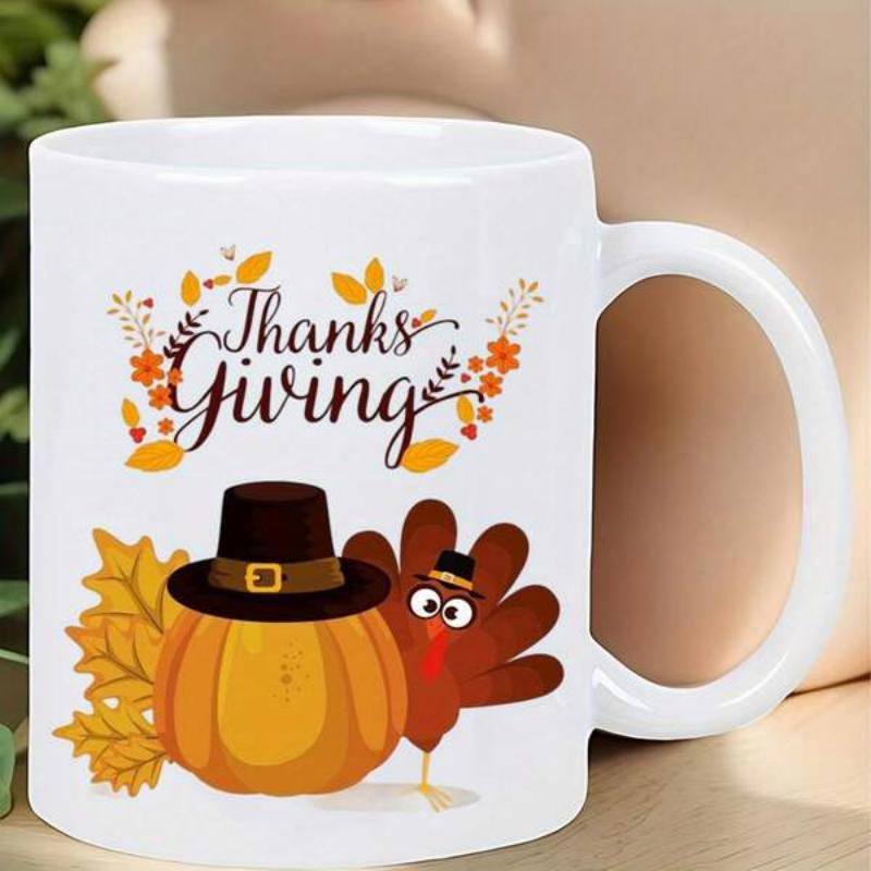 Tailorly White Ceramic 11 oz Mug - Thanks Giving Festive Autumn Leaves Among Pilgrim Hat And Harvest Pumpkin Turkey
