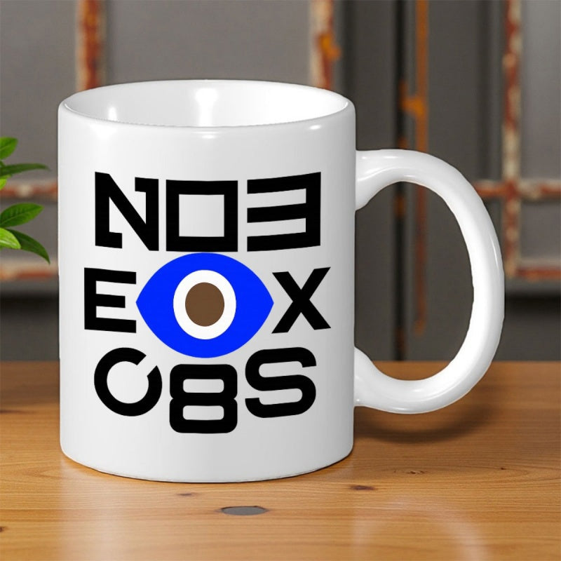 Tailorly White Ceramic 11 oz Mug - No E X O B S Mystical Blue Nazar Symbol Surrounded By Bold Geometric Modern Typographic Eye