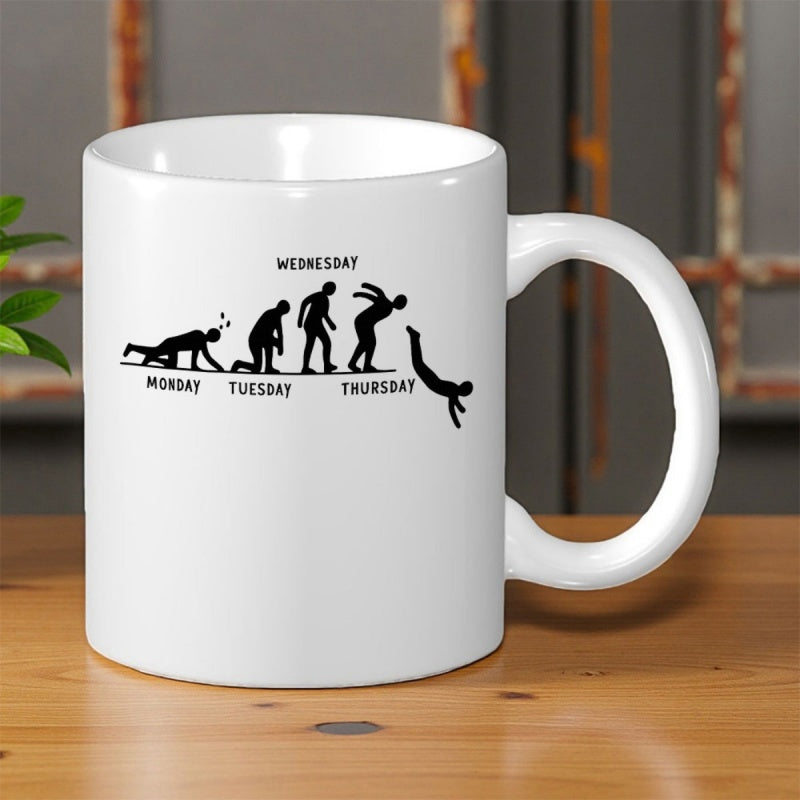 Tailorly White Ceramic 11 oz Mug - Monday Tuesday Wednesday Thursday Evolution Style Stick Figure Progressing Through Exhausting Work Week Silhouette