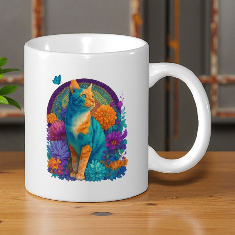 Tailorly White Ceramic 11 oz Mug - Vibrant Colorful Feline Sitting Among Blooming Flowers And Flying Butterfly Cat