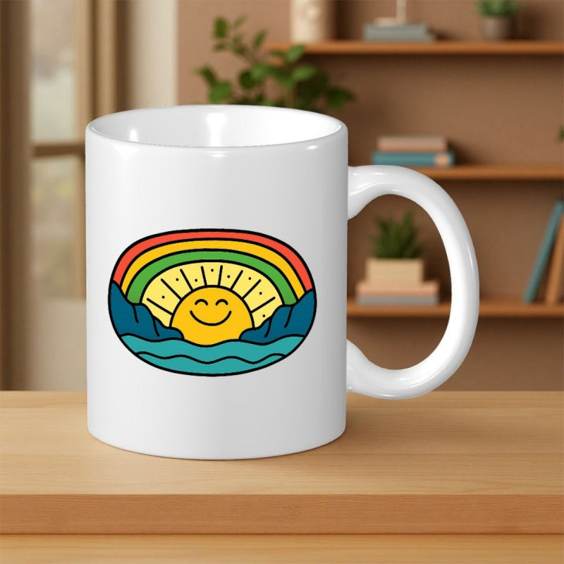 Tailorly White Ceramic 11 oz Mug - Colorful Retro Graphic With Smiling Sun Above Sea Waves And Mountains Rainbow