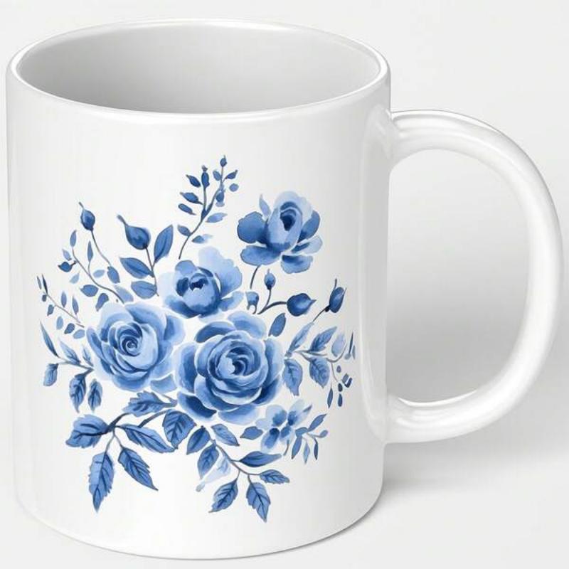 Tailorly White Ceramic 11 oz Mug - Elegant Watercolor Blue Flowers With Delicate Leaves And Blooming Rose