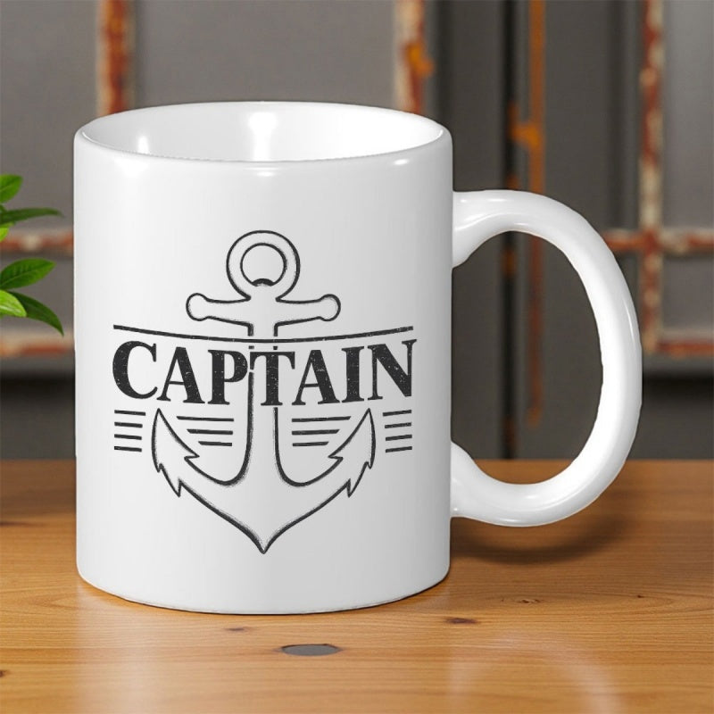 Tailorly White Ceramic 11 oz Mug - Captain Classic Nautical Style With A Sturdy Black Line Art Sailing Anchor