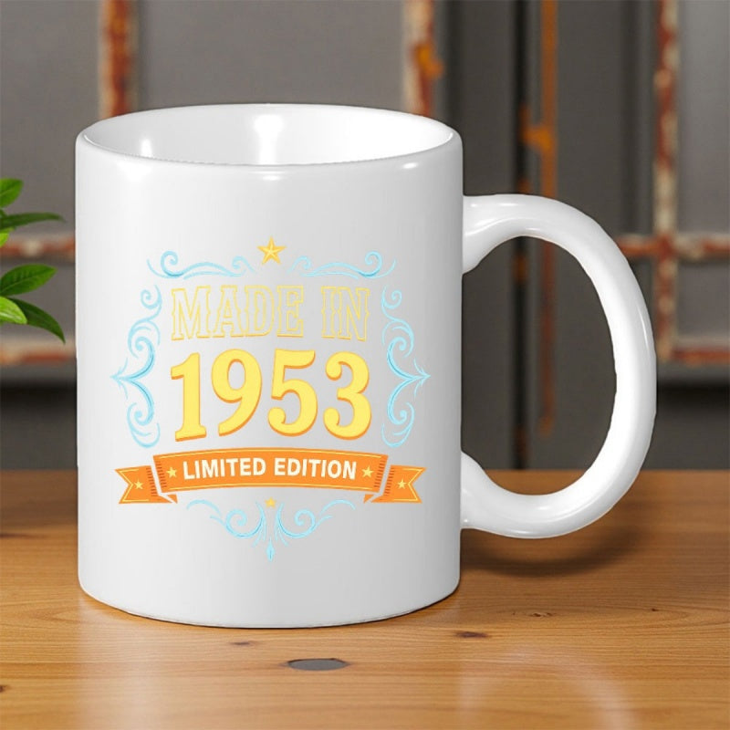 Tailorly White Ceramic 11 oz Mug - Made In 1953 Limited Edition Classic Anniversary Celebration Banner With Decorative Scrolls And Star Pattern Mug