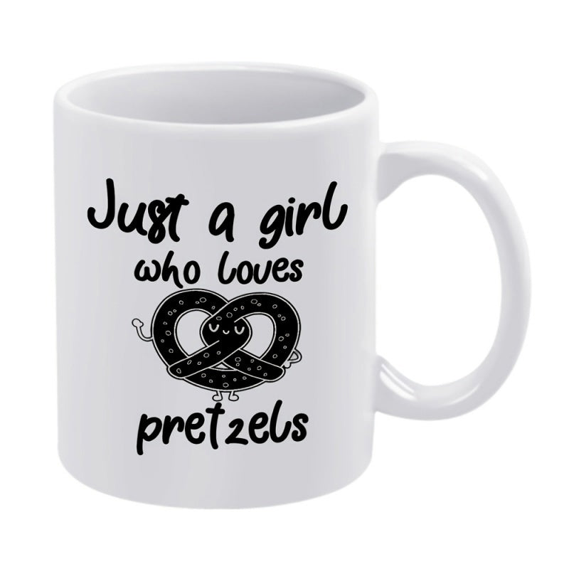 Tailorly White Ceramic 11 oz Mug - Just A Girl Who Loves Pretzels Cute Smiling Cartoon Snack With Small Arms And Heart Shape Pretzel