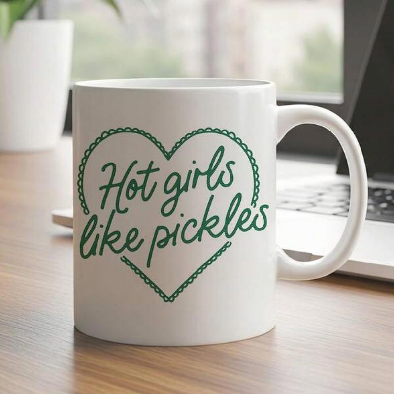 Tailorly White Ceramic 11 oz Mug - Hot Girls Like Pickles Minimalist Green Dotted Heart Outline Border With Elegant Script Mug