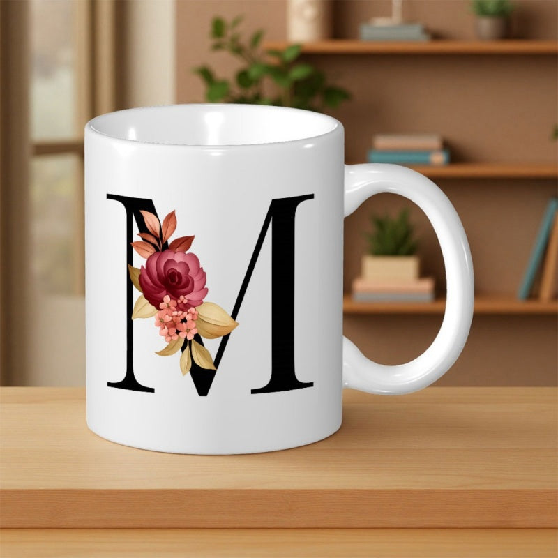 Tailorly White Ceramic 11 oz Mug - M Elegant Serif Initial Decorated With Blooming Maroon Rose And Autumn Leaves Letter
