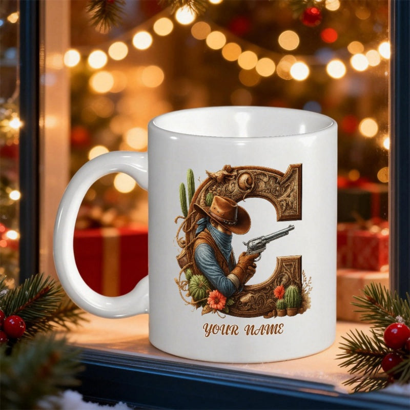 Tailorly White Ceramic 11 oz Mug - Your Name Ornate Letter C Featuring A Gun Slinging Outlaw Among Desert Cacti Cowboy