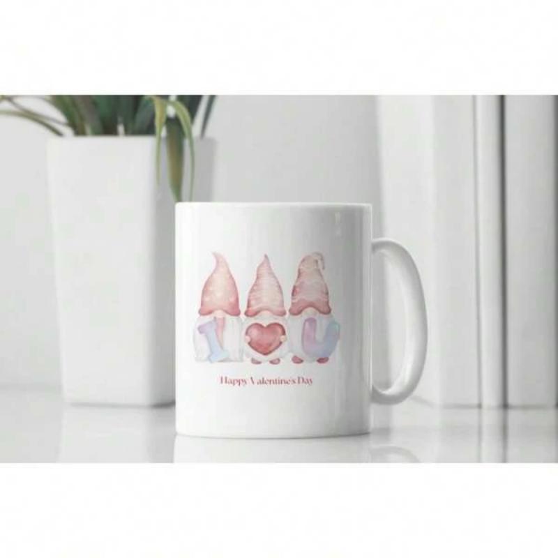 Tailorly White Ceramic 11 oz Mug - Happy Valentines Day Three Adorable Watercolor Characters Standing Together With A Heart For Love Gnome