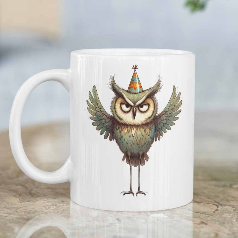 Tailorly White Ceramic 11 oz Mug - Grumpy Little Party Bird Wearing A Colorful Striped Hat On Long Legs Owl