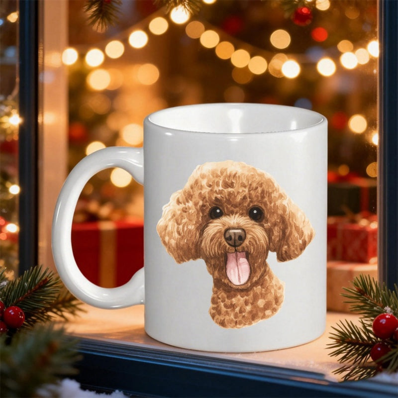 Tailorly White Ceramic 11 oz Mug - Adorable Curly Brown Head With Tongue Out Sitting In Festive Atmosphere Poodle